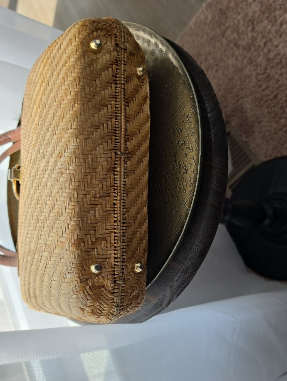 Woven Vintage Straw Tote with Brown Leather Handles 10" Long, 9" Tall - Picture 4 of 10